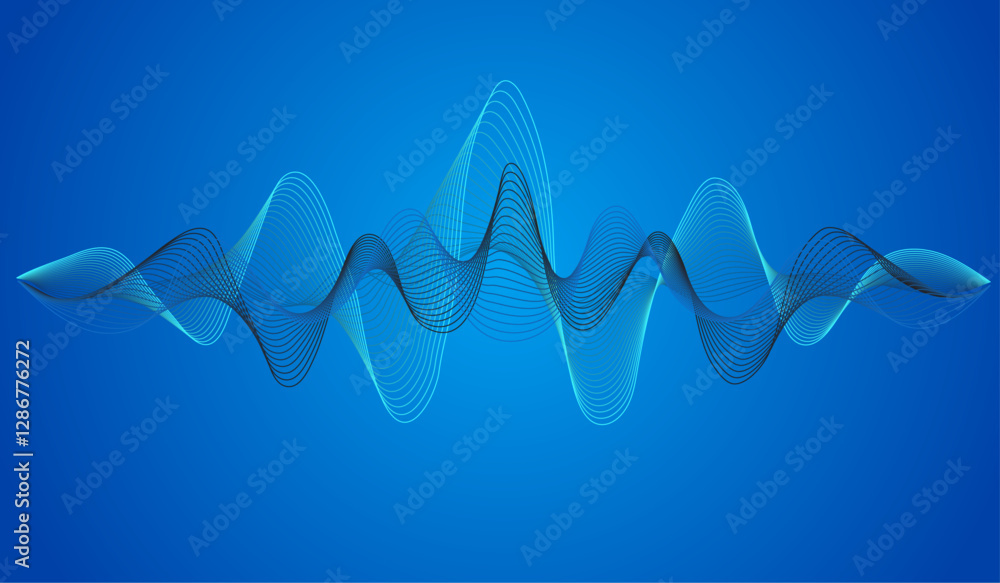 Poster abstract blue line curve background. radio waveform backdrop. digital line wave.