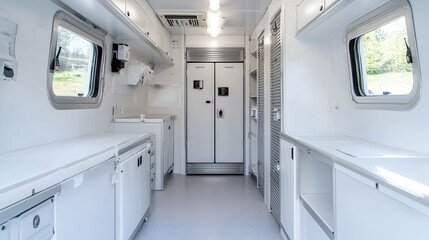 Mobile medical unit interior; lab equipment, storage; rural background; healthcare