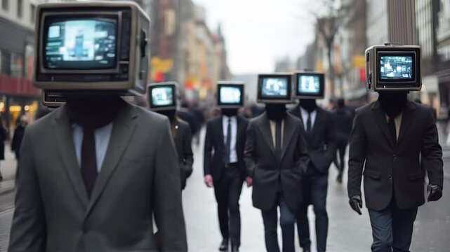 A group of men in suits with vintage television sets instead of heads strolls through a bustling city street, attracting curious looks from passersby. Generative AI
