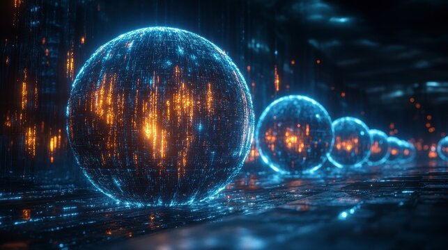 Data spheres lined up creating a futuristic digital world