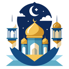 Ramadan Kareem banner, poster, greeting card, cover design with mosque, crescent moon, stars and typography in flat geometric style. vector illustation