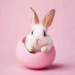 Obraz premium Adorable Easter Bunny Hatching from Pink Egg: Springtime Cutness, Perfect for Easter Cards, Festive Decorations, Springtime Designs, and Cute Animal 