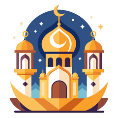 Ramadan Kareem banner, poster, greeting card, cover design with mosque, crescent moon, stars and typography in flat geometric style. vector illustation