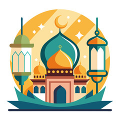 Ramadan Kareem banner, poster, greeting card, cover design with mosque, crescent moon, stars and typography in flat geometric style. vector illustation