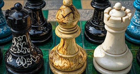 In the garden, a chessboard has been set up on the grass, complete with wooden chess pieces, to illustrate the idea of business competition and teamwork, led by the skilled hand of a businessman
