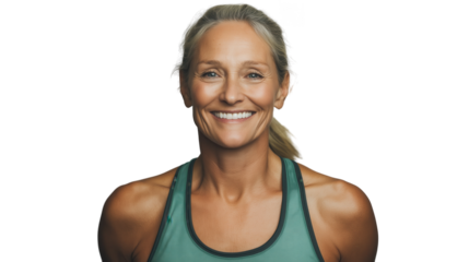 a portrait of a smiling mature woman with blonde hair.