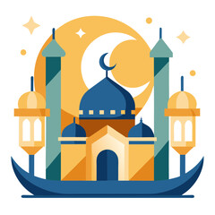 Ramadan Kareem banner, poster, greeting card, cover design with mosque, crescent moon, stars and typography in flat geometric style. vector illustation