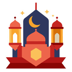 Ramadan Kareem banner, poster, greeting card, cover design with mosque, crescent moon, stars and typography in flat geometric style. vector illustation
