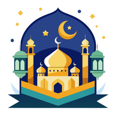 Ramadan Kareem banner, poster, greeting card, cover design with mosque, crescent moon, stars and typography in flat geometric style. vector illustation