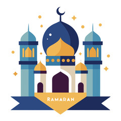 Ramadan Kareem banner, poster, greeting card, cover design with mosque, crescent moon, stars and typography in flat geometric style. vector illustation
