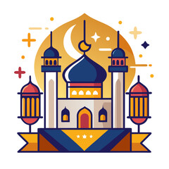 Fototapeta premium Ramadan Kareem banner, poster, greeting card, cover design with mosque, crescent moon, stars and typography in flat geometric style. vector illustation