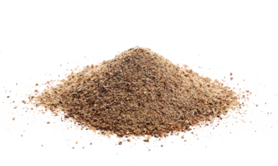 Ground carob pile isolated on white background, side view, clipping path	