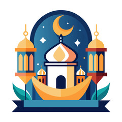 Ramadan Kareem banner, poster, greeting card, cover design with mosque, crescent moon, stars and typography in flat geometric style. vector illustation