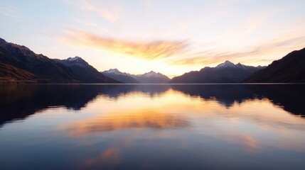 Obraz premium Mountain lake sunset reflection, serene landscape, peaceful evening