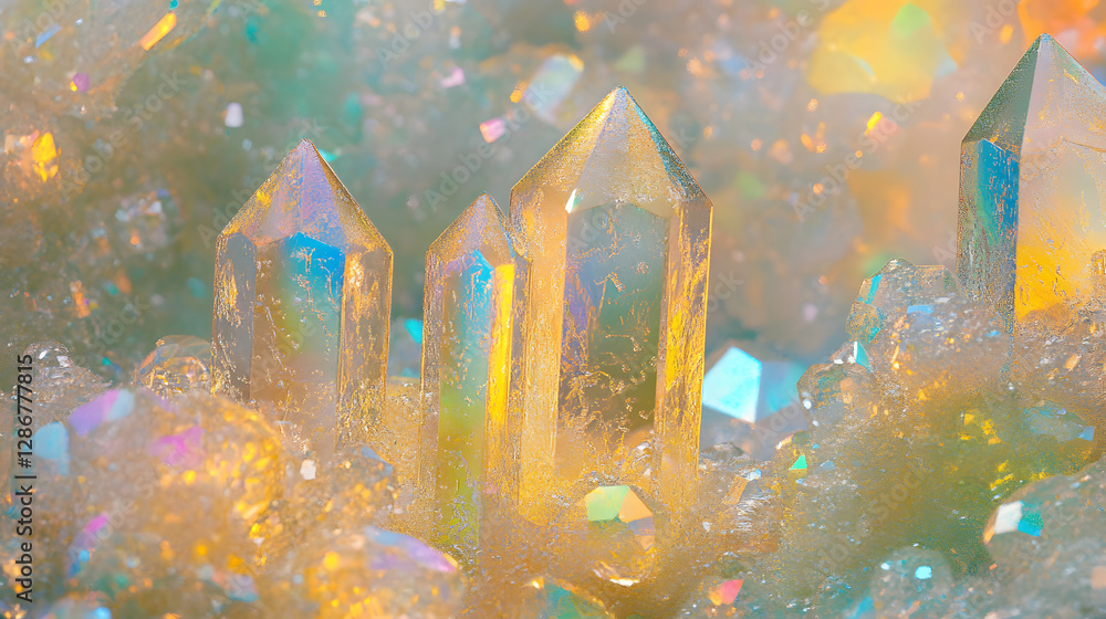 Aufkleber colorful crystals arranged in a rainbow pattern with tulip shapes creating an artistic design
