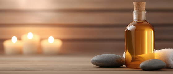 Relaxing aromatherapy session with essential oil bottle and candles in a serene spa environment