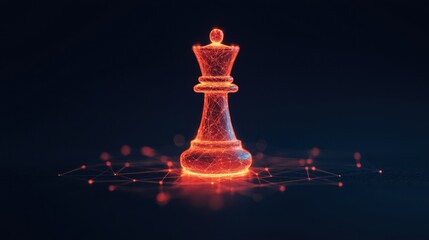 Leadership in Business Symbolized by Glowing King Piece, Glowing chess king piece in a dark digital environment.