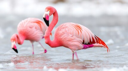 Pink flamingos wading in icy water, possible use for nature/wildlife stock photo