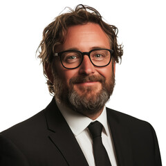 a man wearing eyeglasses with a beard, suit and tie.