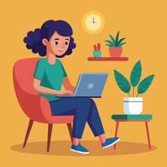a girl is using his laptop vector