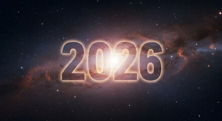 Year 2026 set against colorful galaxy background. New year concept