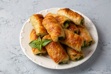 Turkish Tepsi Boregi, Round Borek, Tray pastry (Turkish name; rulo borek - sigara boregi). Spinach Pie.