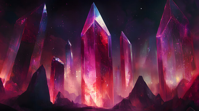 Futuristic cityscape featuring large crystals and tulip-like structures in a vibrant artistic representation - Powered by Adobe