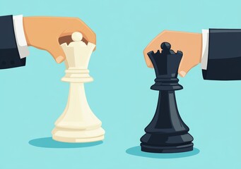 Businessmen are moving chess pieces in a modern representation of corporate rivalry and negotiation