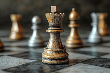 Fototapeta premium One chess piece stands against a full complement of black chess pieces