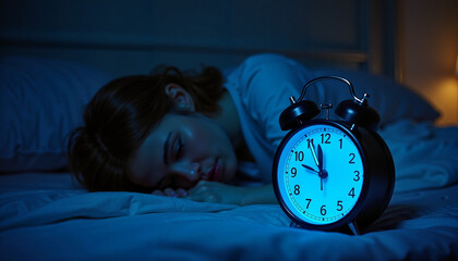 A woman struggles to sleep at night, with a clock glowing beside her bed. This image illustrates sleep disturbances caused by fatigue, vitamin deficiency, and seasonal changes.