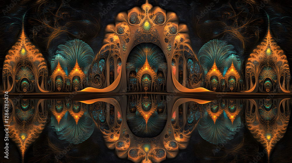 Poster reflection of a tulip in a mirror surrounded by soft lighting and artistic elements in an elegant se