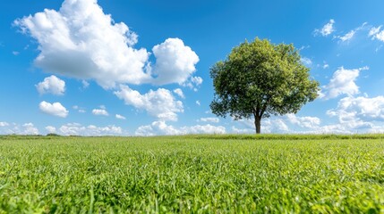 Lone tree in green field, sunny sky, peaceful landscape, nature background