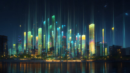 Night cityscape featuring illuminated buildings and vibrant lights in a bustling urban environment