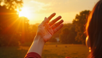 A hand reaching toward the setting sun, symbolizing the need for sunlight to improve mood, combat fatigue, and boost vitamin D levels.