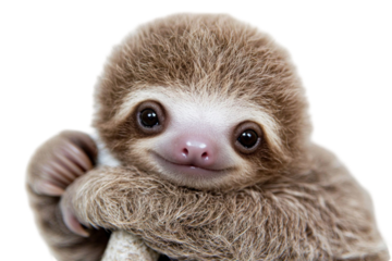 A close-up portrait of a baby animal with brown fur, a pink nose, and a slight smile against a transparent background
