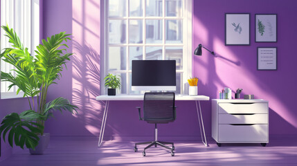 Window in office room for work on computer background design. Modern indoor corporate workplace furniture for cabinet with monitor, table, plant and purple wall. Contemporary bank workspace concept