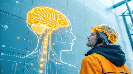 Automated AI algorithms, A worker in a helmet gazes at a glowing brain illustration on a wall.
