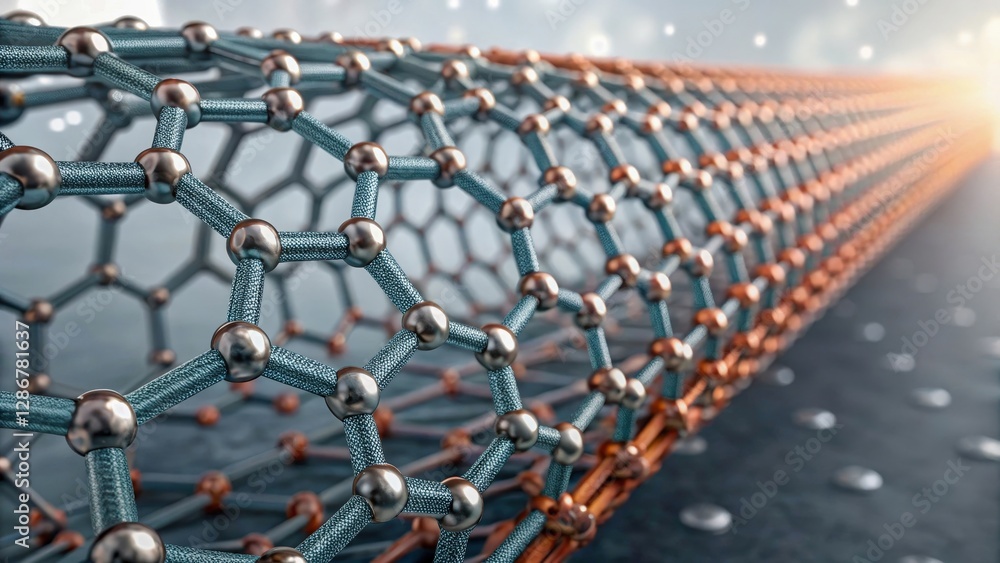 Poster material science and biomaterials, 3d illustration of a graphene structure with interconnected atoms