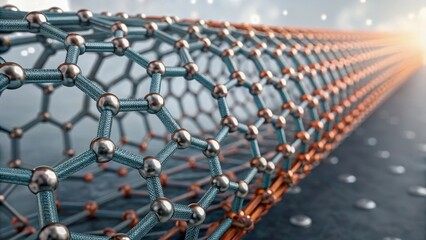 Fototapeta premium Material science and biomaterials, 3D illustration of a graphene structure with interconnected atoms and a glowing background.