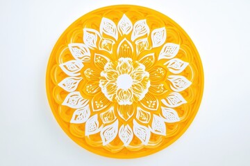 A visually captivating mandala with a bright yellow contour, featuring layered floral motifs combined with clean, geometric accents