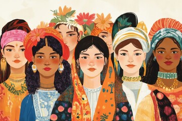 Fototapeta premium A vibrant illustration of women from various cultures standing together, wearing traditional attire and accessories that highlight their unique heritage