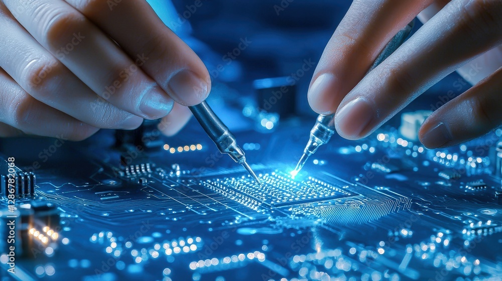 Poster engineer electrical and troubleshooting, hands working on a glowing circuit board with precision too