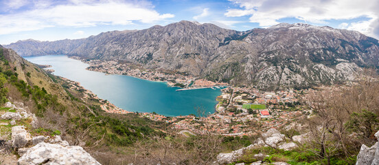 Panoramic view of Kotor town and Bay Boca from mountain view point in Montenegro in winter time