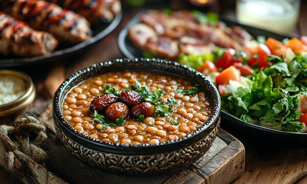 Delicious Middle Eastern cuisine with Adas bil Hamod, grilled meat and salad