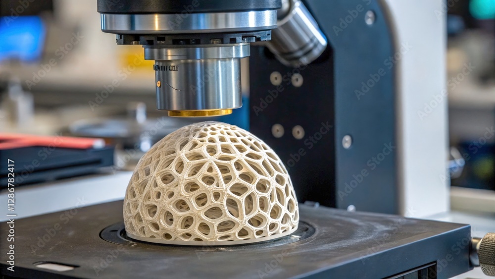 Poster material science and biomaterials, 3d printer creating a geometrically intricate structure on a buil