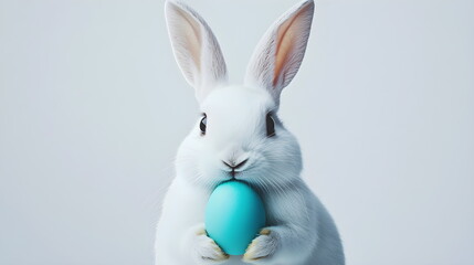Obraz premium Minimalistic Easter bunny portrait: a cute white rabbit with soft ears holding a single vibrant egg (turquoise or coral), against a clean white background. Pastel tones, simple composition, 16:9