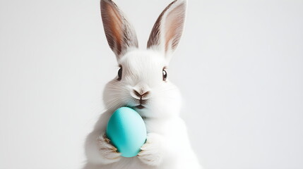 Obraz premium Minimalistic Easter bunny portrait: a cute white rabbit with soft ears holding a single vibrant egg (turquoise or coral), against a clean white background. Pastel tones, simple composition, 16:9