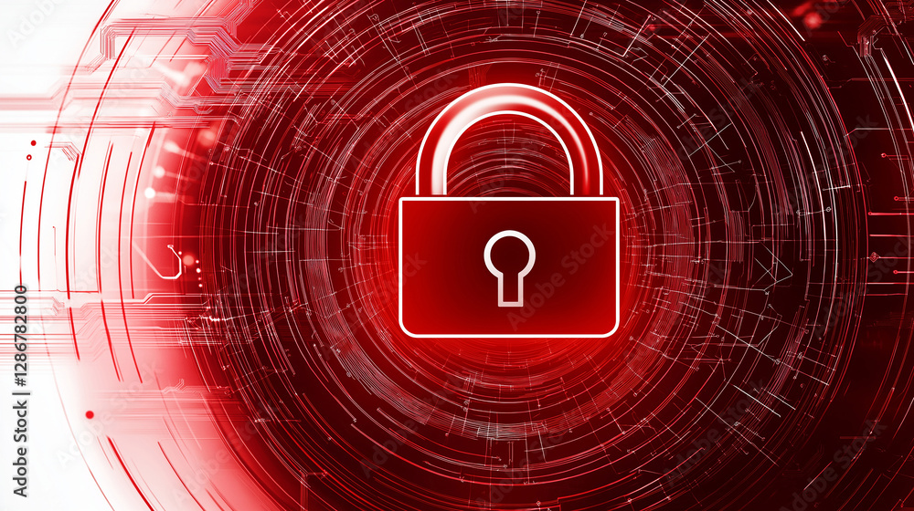 Poster Red cyber security padlock protecting data in virtual reality
