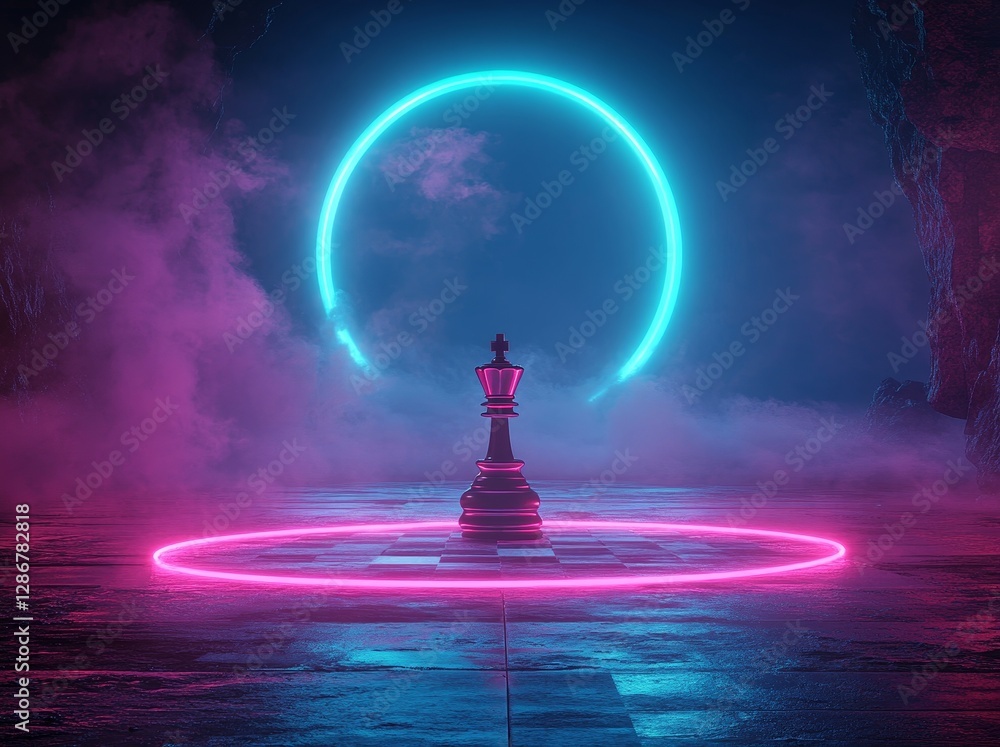 Poster isolated chess pieces are set against a black background in an abstract minimal scene with pink ligh