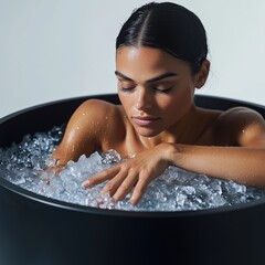 A serene woman immersed in an ice bath pod, embracing cold therapy for relaxation, stress relief, and wellness benefits